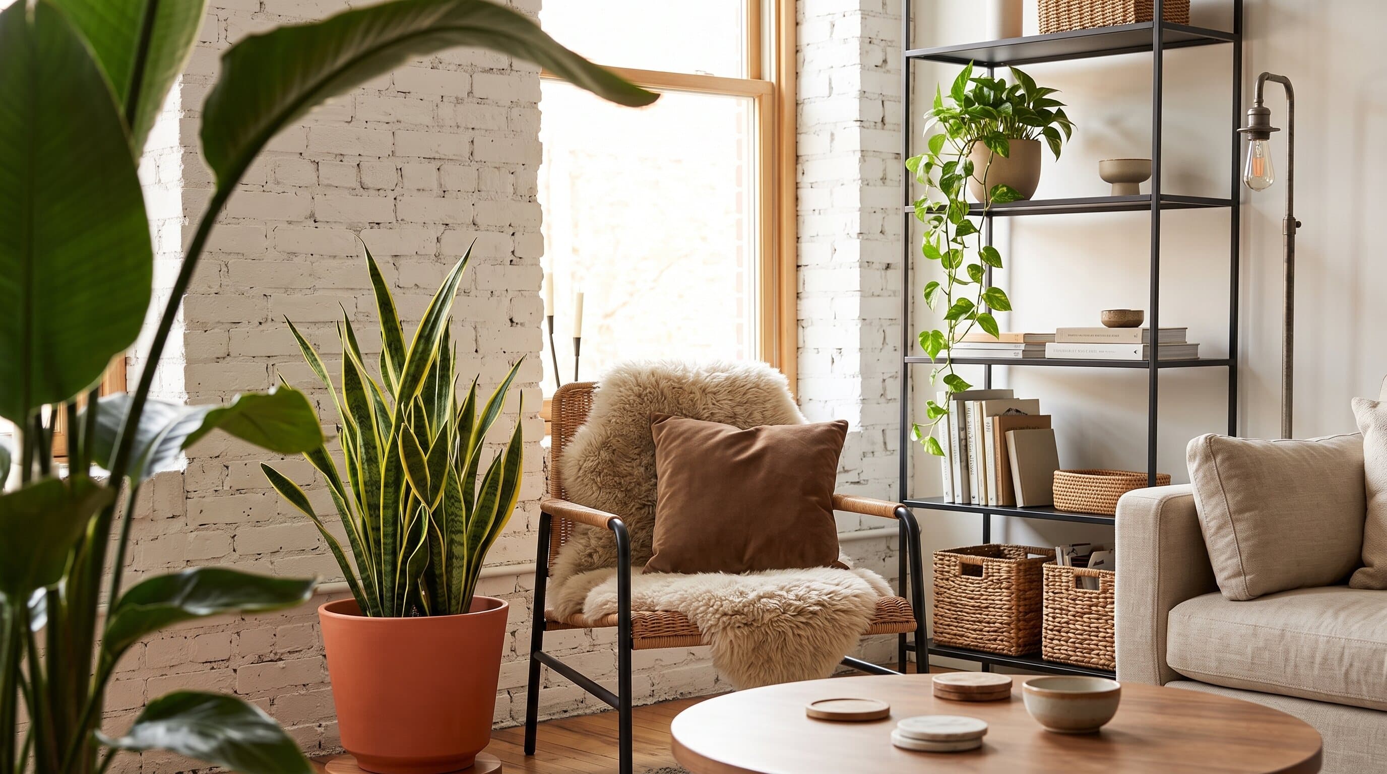 Sala luminosa con plantas de interior, sillón y estantería